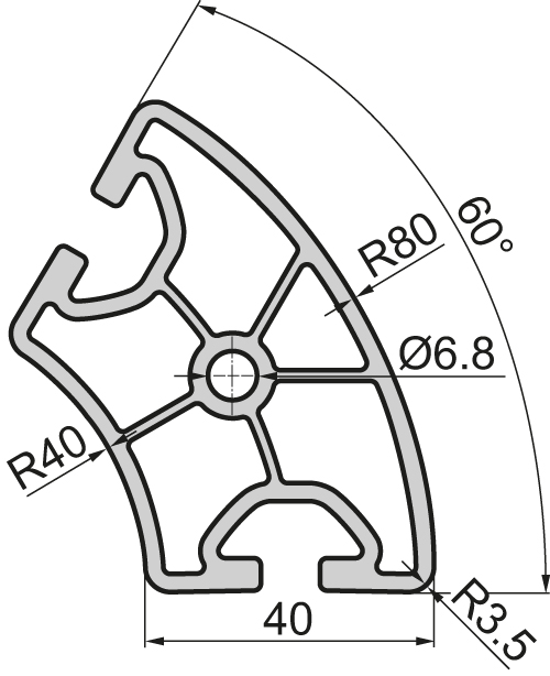 Closed Aluminium profile R40/80 60°